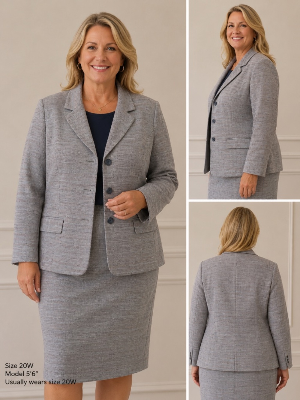 Le Suit Woman 20W Blue Gray 2 Piece Blazer Skirt Suit Plus Size